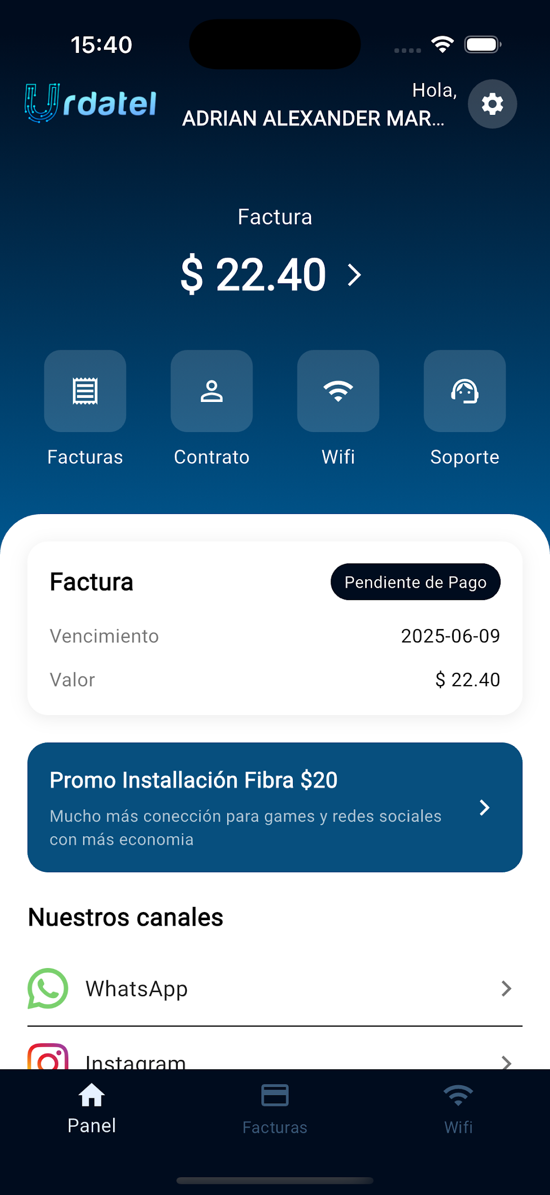 Pantalla real de Urdatel App con factura, contrato, Wi-Fi y soporte