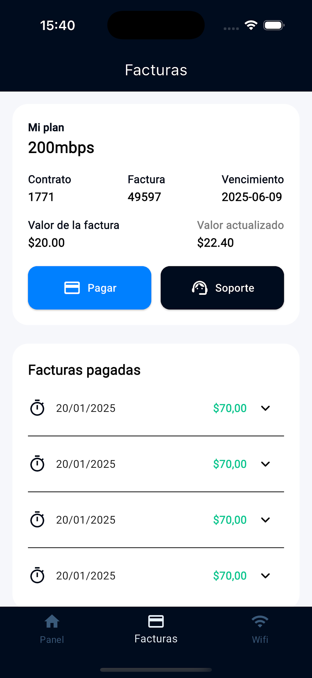 Pantalla real de facturas de Urdatel App