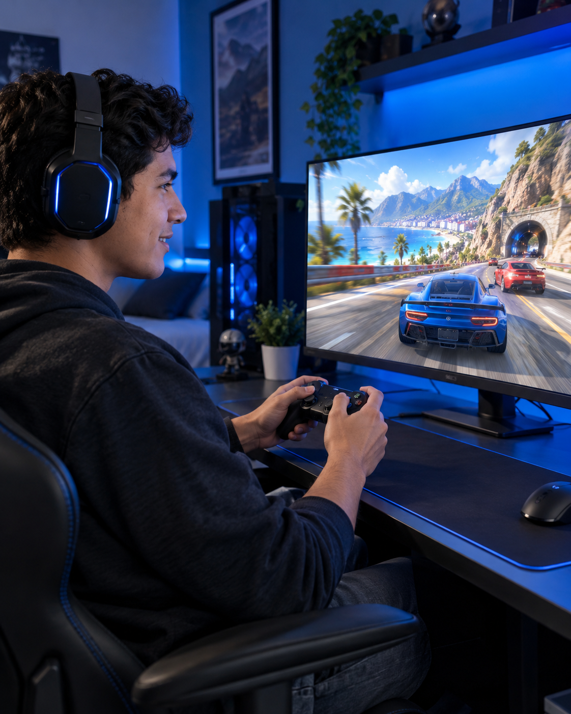 Jugador usando su consola frente a un monitor de videojuegos