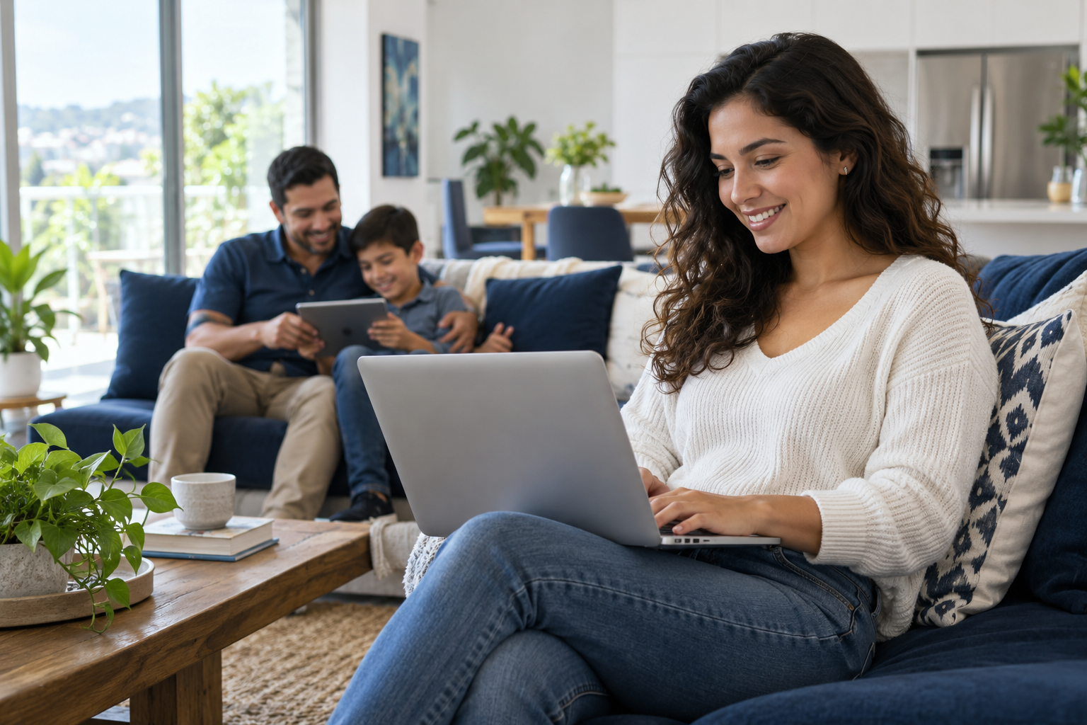 Familia usando internet de alta velocidad