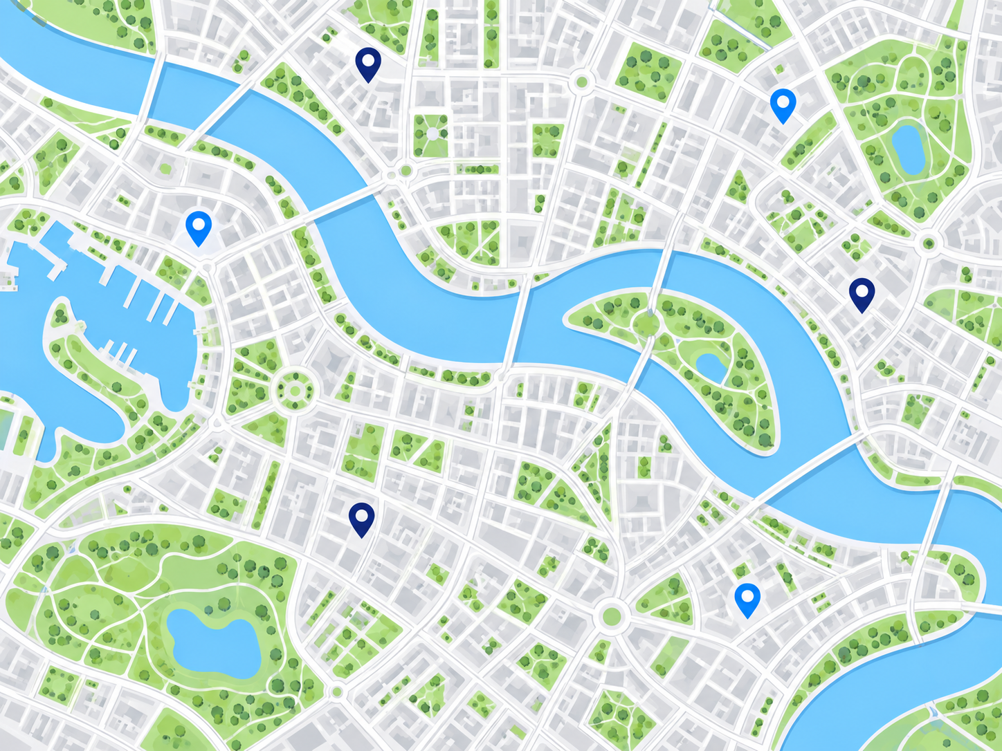 Mapa ilustrativo sin nombres, con calles, parques y puntos de conexión