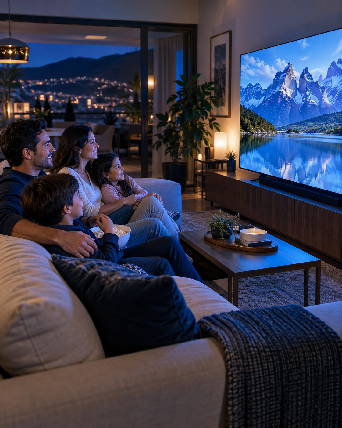 Familia disfrutando una película en la televisión de su sala